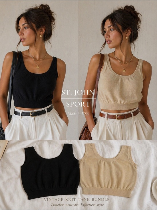 St. John Tops - Vintage St John Sportswear Knit Tank Bundle Black And Beige Crop Tops USA Size L